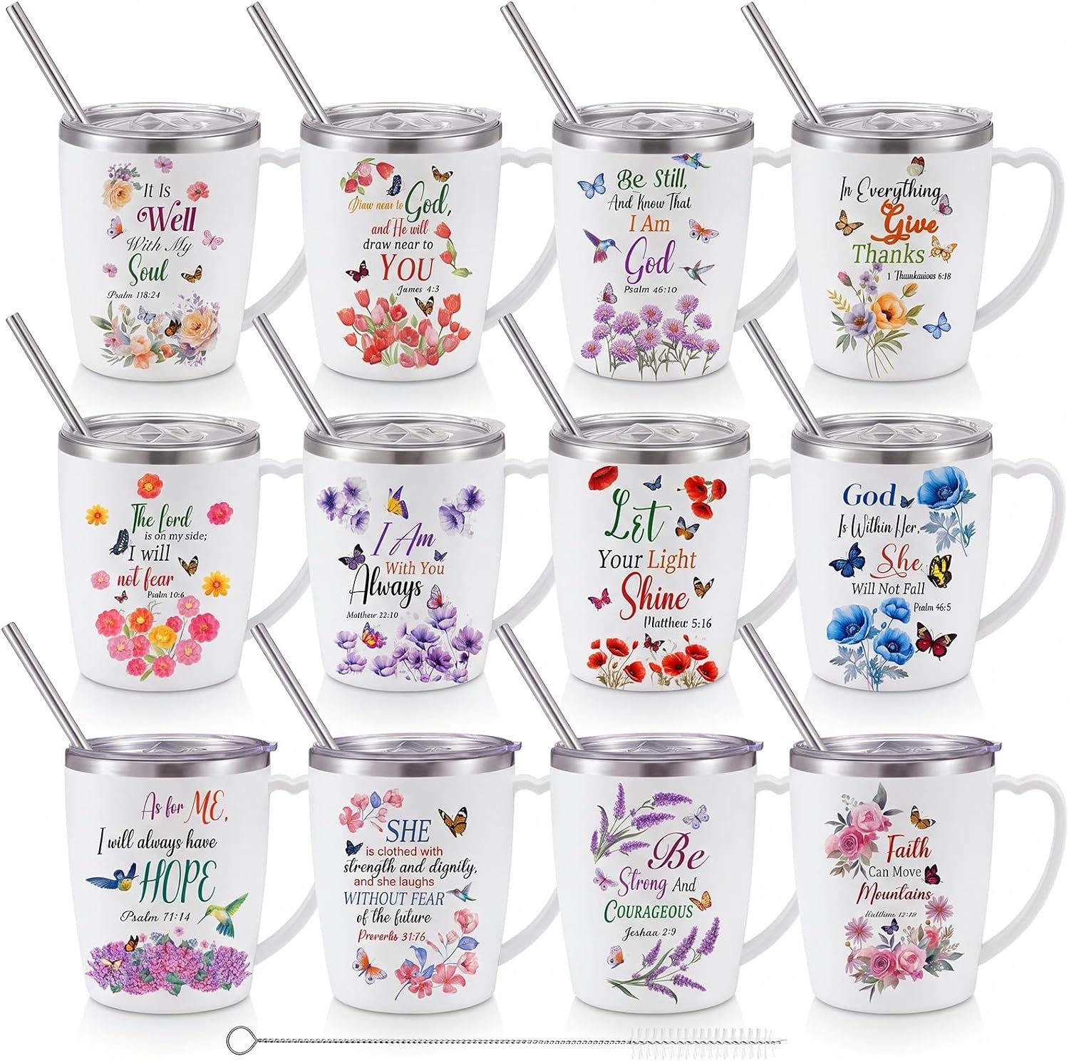 12 Pcs 11 oz Christmas Tumbler with Straw and Lid for Gift, Floral Bible