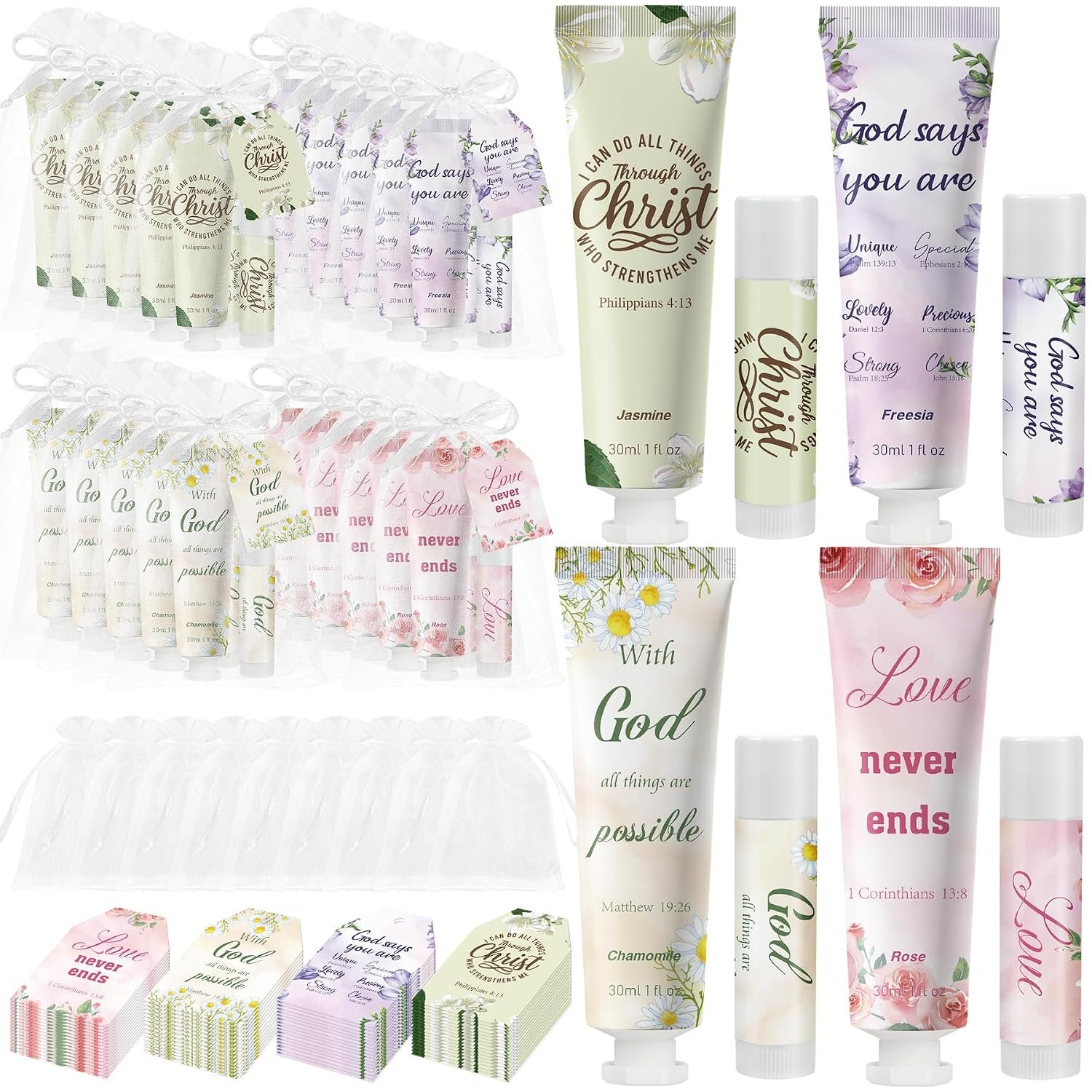 24 Sets Moisturizing Hand Cream Lip Balm Bible Verse Kit for Christian Church Inspirational Gift Women Guests Thank You Gifts with Organza Bags Gift Tags Floral Scent Chamomile Rose Freesia Jasmine