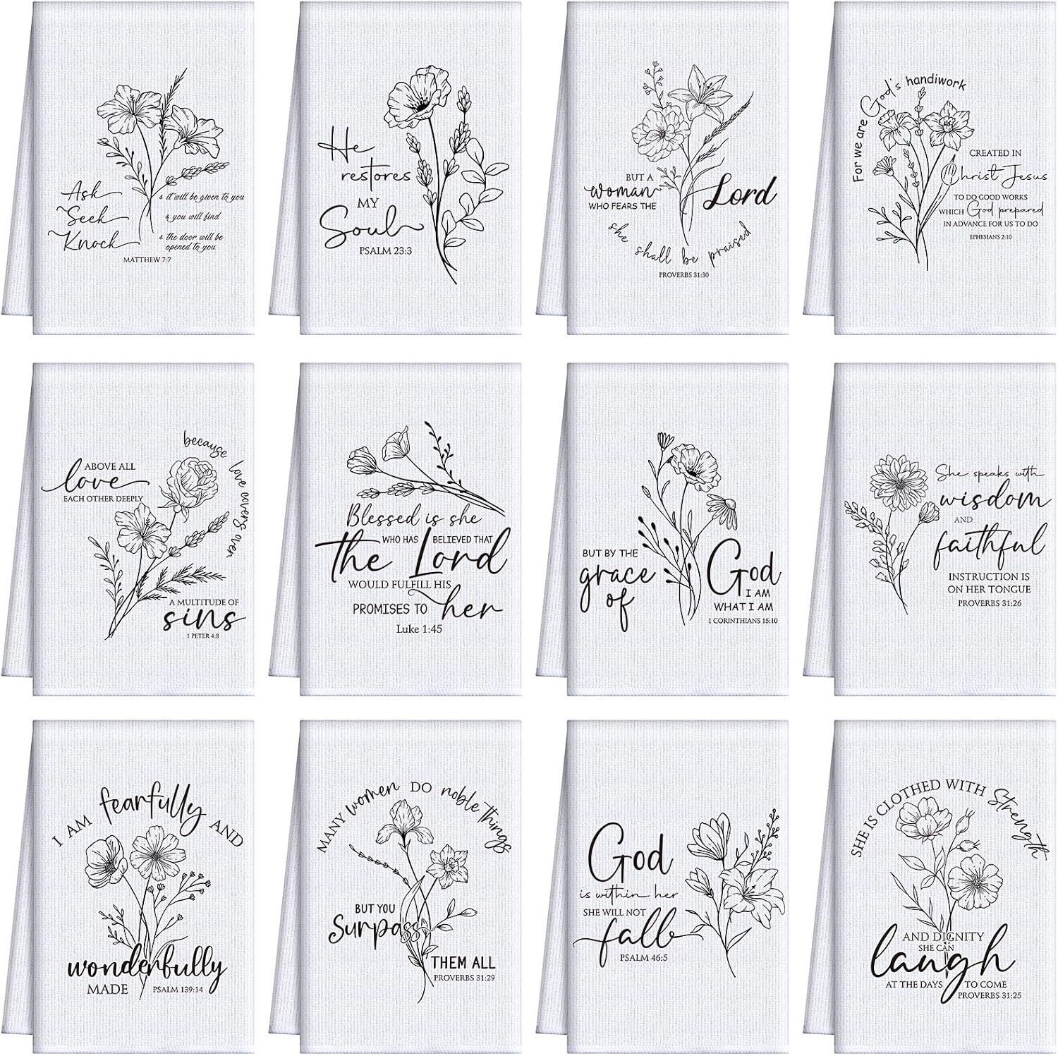 FuWeave 12 Pcs Religious Christian Kitchen Dish Towels Christian Gifts for Women Men Bible Verse Dishcloths Absorbent Scripture Tea Hand Towels for Housewarming Party Favors(White and Black,Floral)