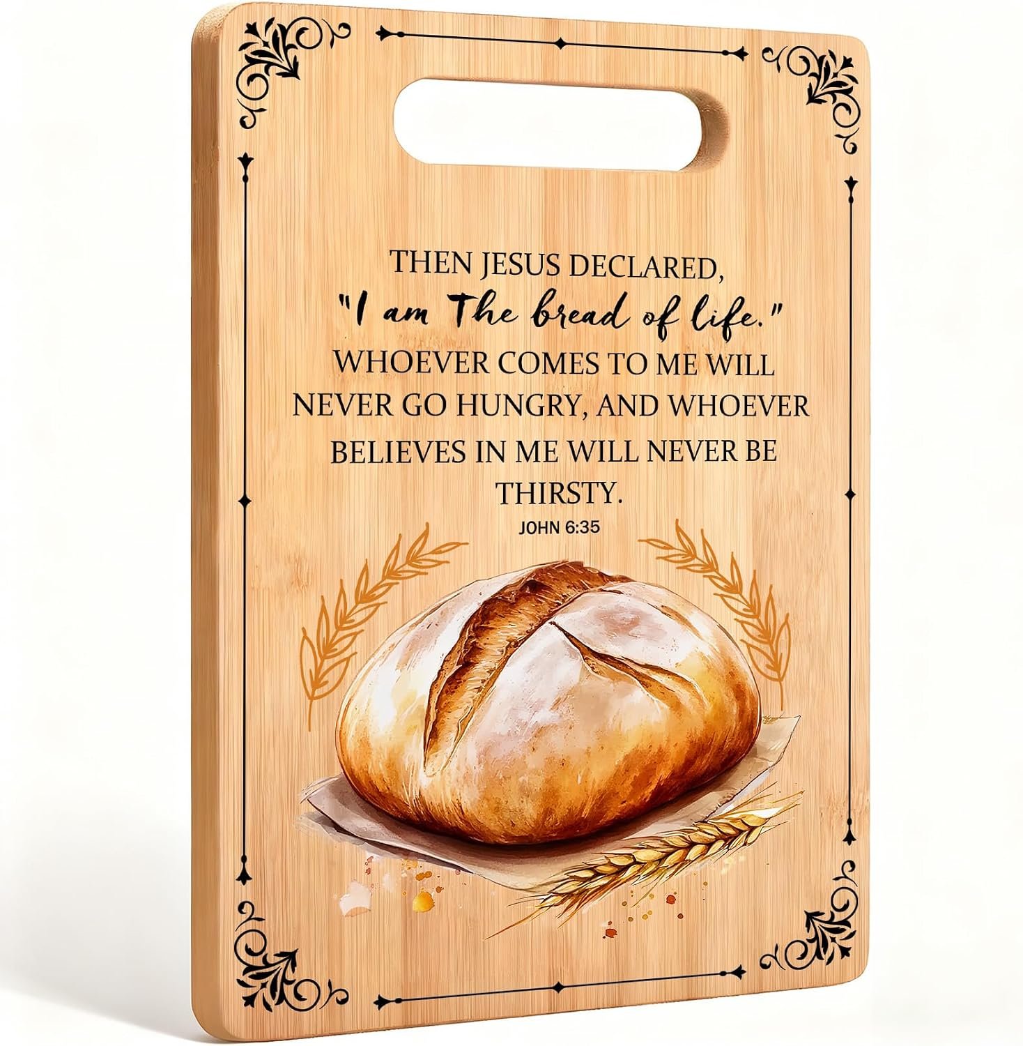 Rustic Bread Christian Cutting Board, Christian Gifts for Women Men, John 6:35 Bible Verse Bamboo Cutting Chopping Boards for Kitchen