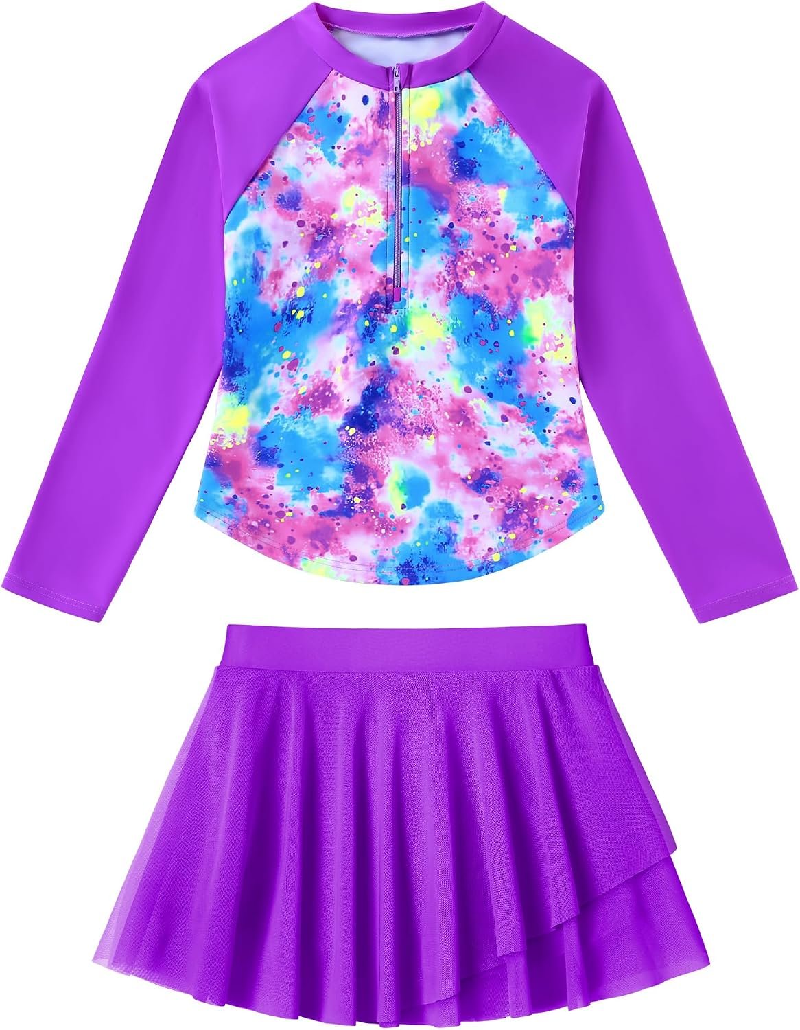 Girls Rash Guard Swimsuit Long Sleeve Bathing Suits with Swim Skirt Shorts Two Piece Sun Protection Swimwear for 3-12 Years