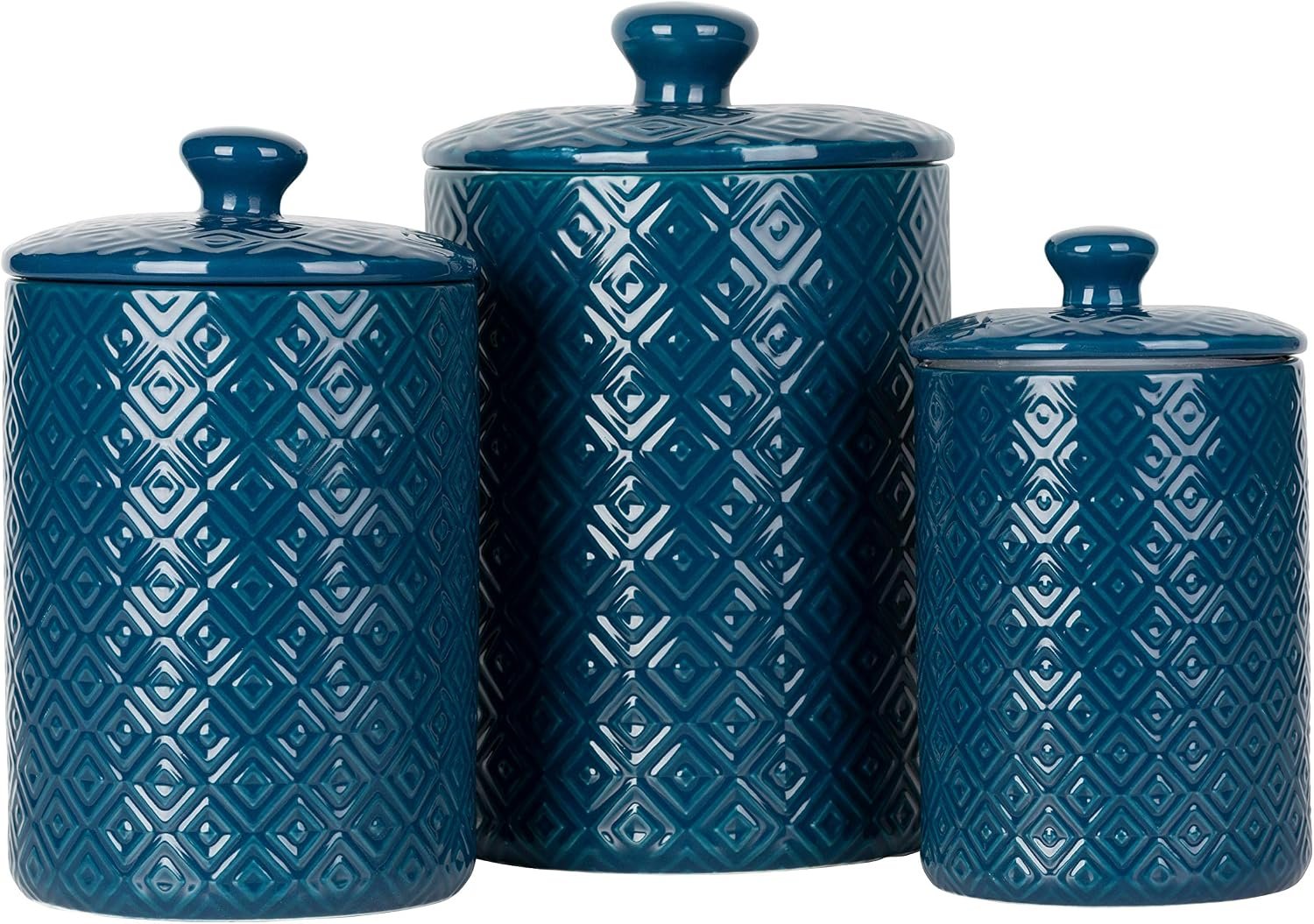 10 Strawberry Street Diamond Embossed Ceramic Kitchen Canister Set, Set of 3, Diamond Blue
