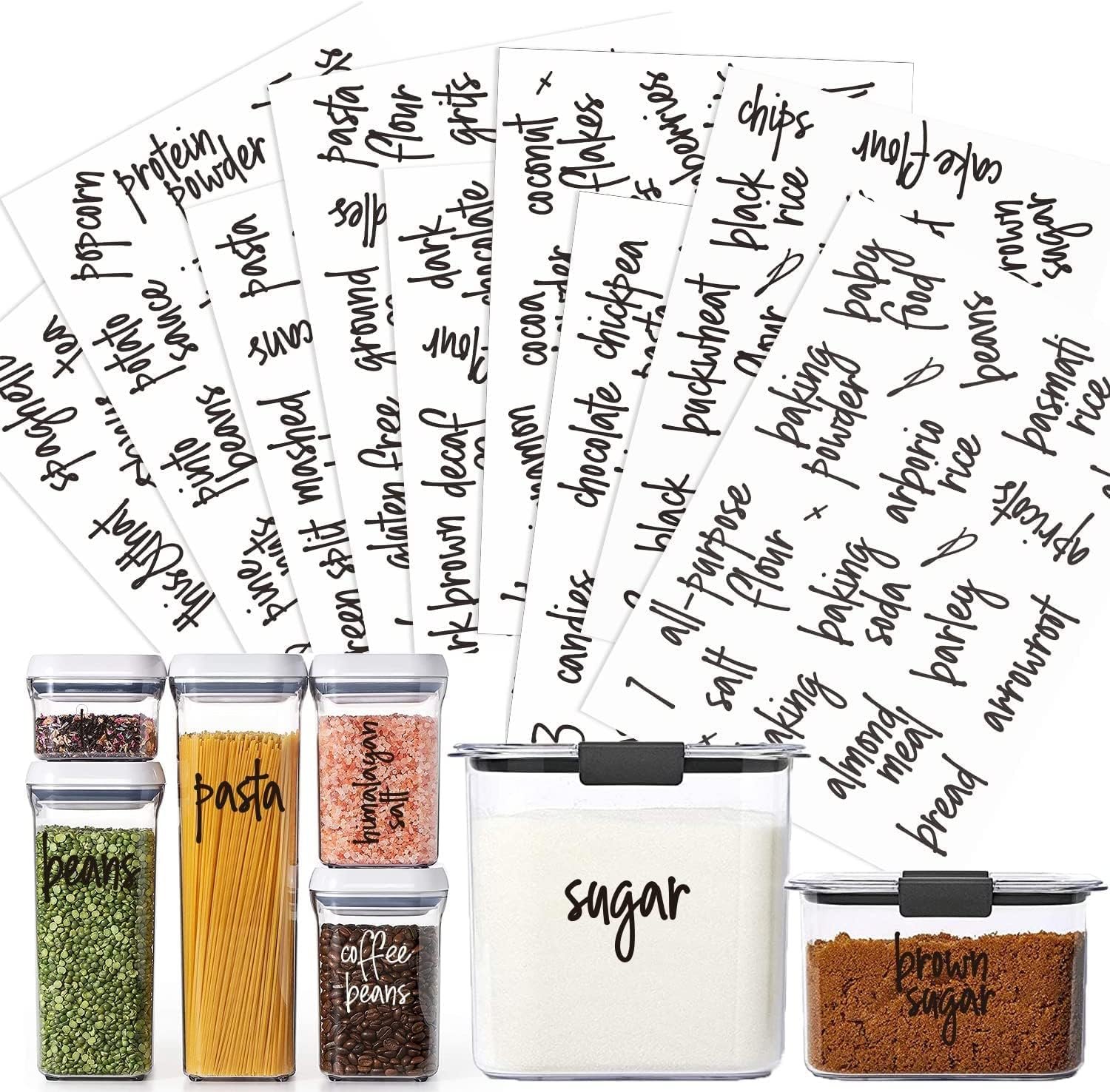 Pantry Labels, 180 Preprinted Script Black Clear for Kitchen Storage
