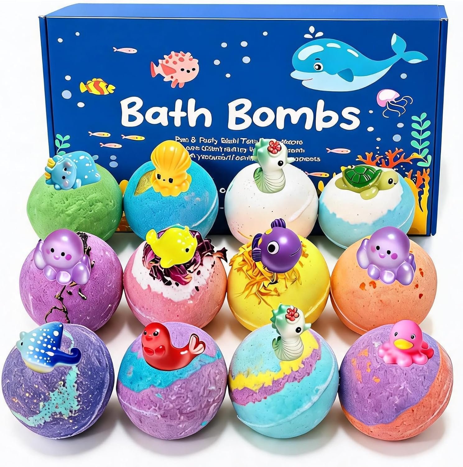 12 Pack Bath Bomb Gift Set – Large 2.1oz / 60g Shea Butter Spa Fizzies with Hidden Surprise Inside – Mineral-Rich Non-Staining Moisturizing Formula for Adults