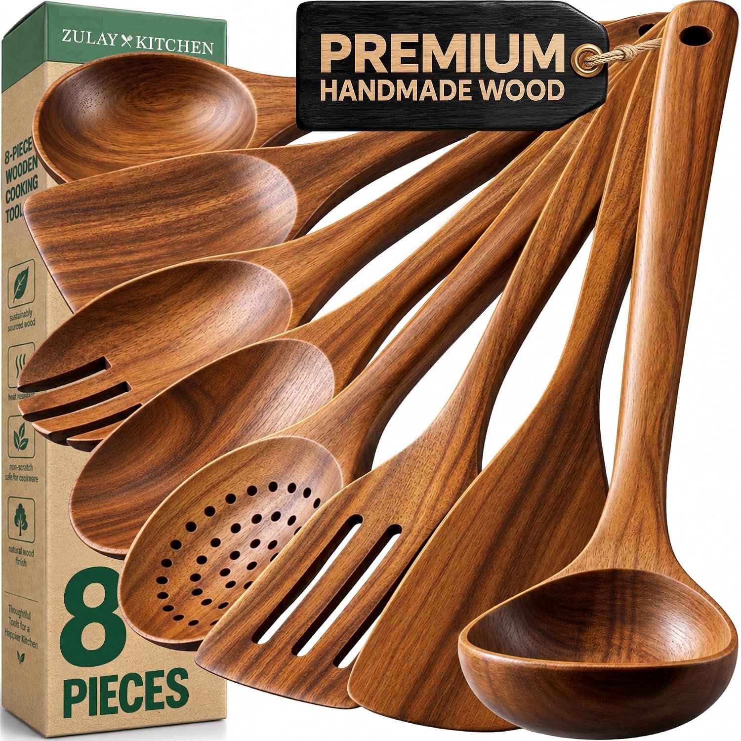 Zulay Kitchen Premium 8-Piece Wooden Spoons – Smooth Finish, Natural Teak Wood, Non-Stick, Handmade