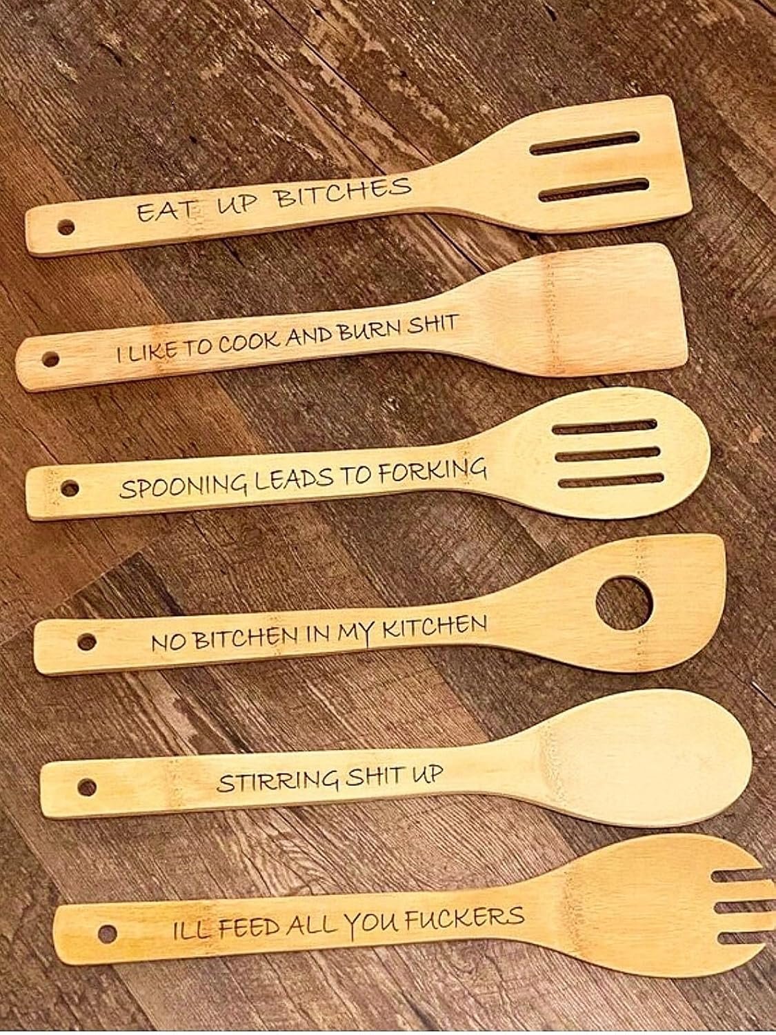 AmSoaN Funny Engraved Coffee Spoon Set(6pcs), Personalized Wooden Cooking Spoons, Bamboo Kitchen Utensils Gag Gifts (Size)