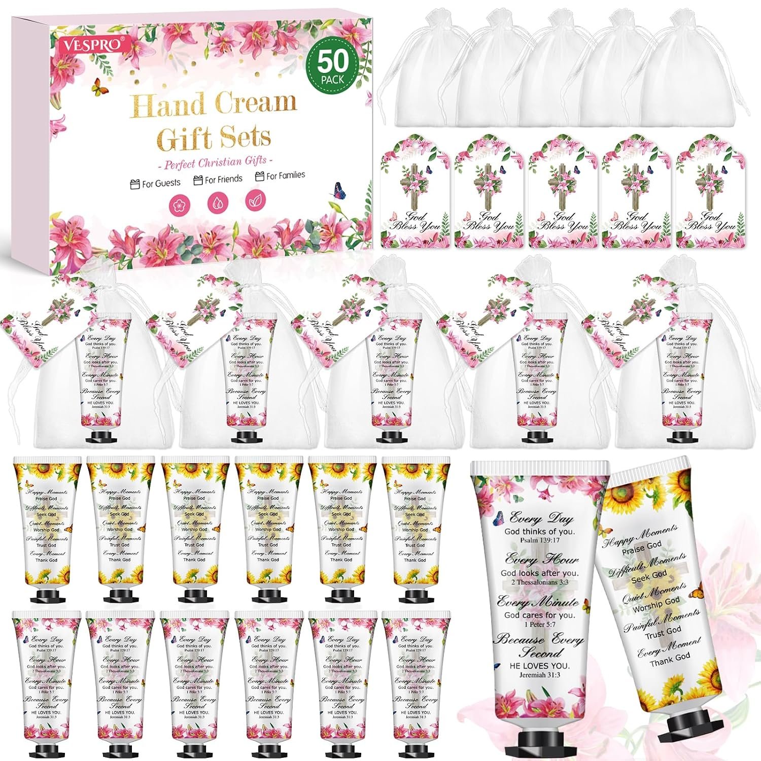 50 Sets Christian Hand Cream Gifts, Christian Gifts for Women, Bible Hand Lotion for Christian Party Favors with Prayer Cards, Bible Verse Prayers Religious Gifts for Women, Birthday Graduation Gifts