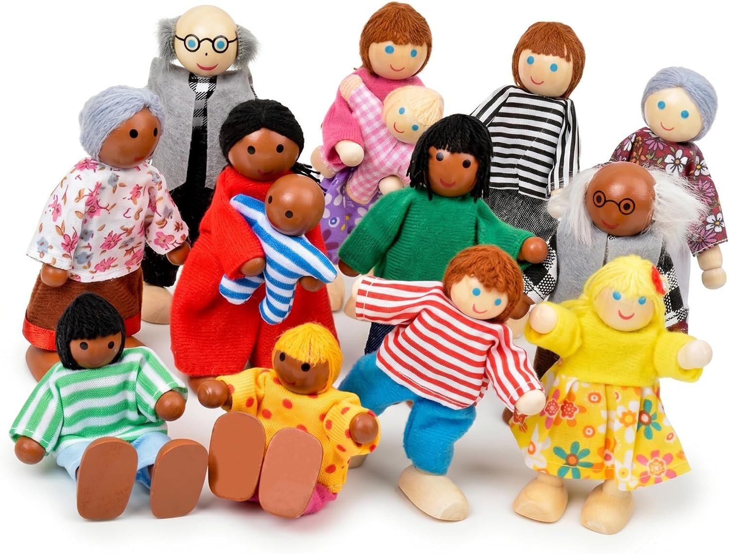 14 Pcs Dollhouse People, Wooden Dolls for Dollhouse Set