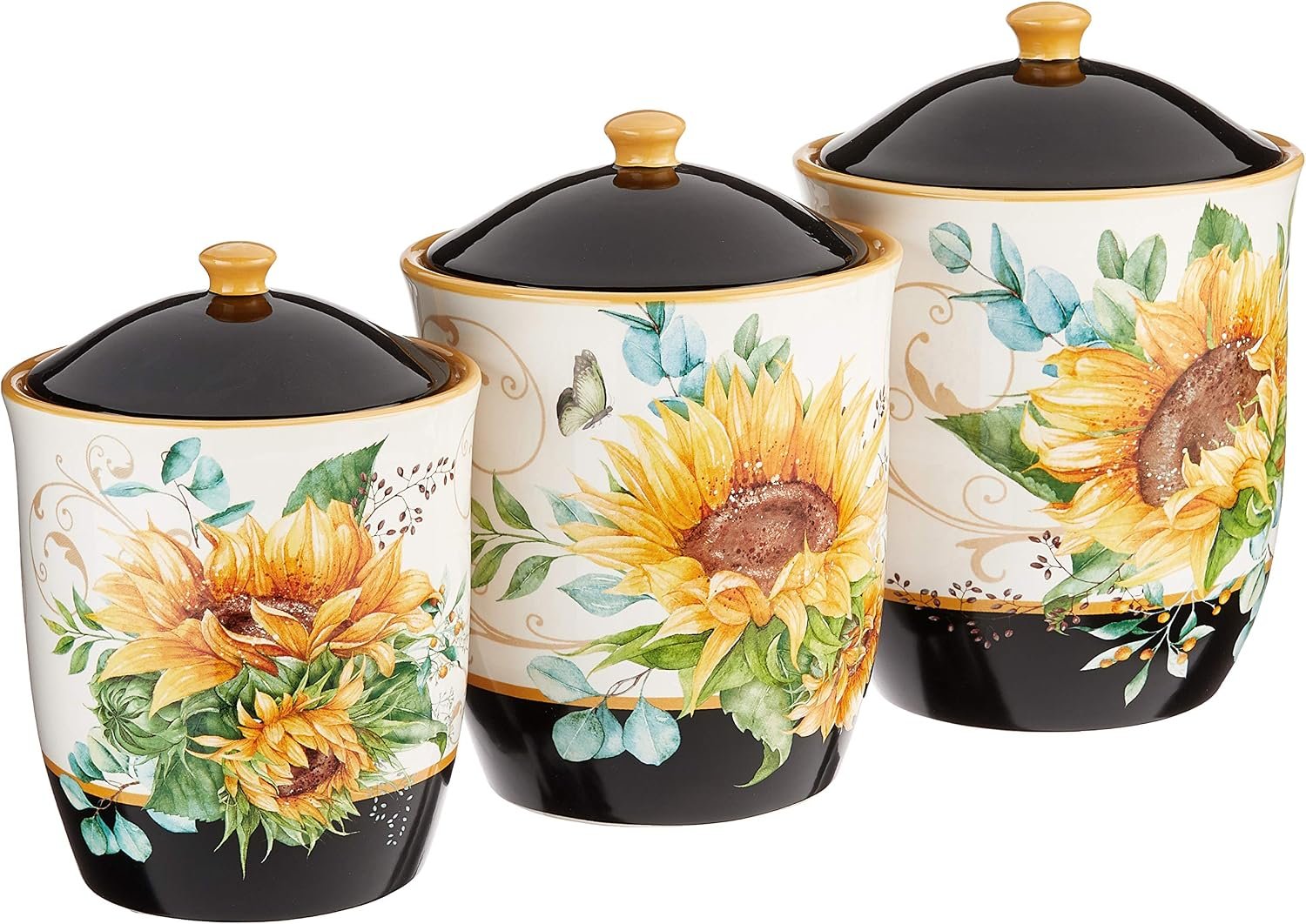 Sunflower Fields 3-Piece Ceramic Canister Set with Airtight Lids – Decorative Floral Storage Jars for Kitchen Counter, Pantry, Coffee, Sugar, Flour, and More – 52 oz, 74 oz, 96 oz