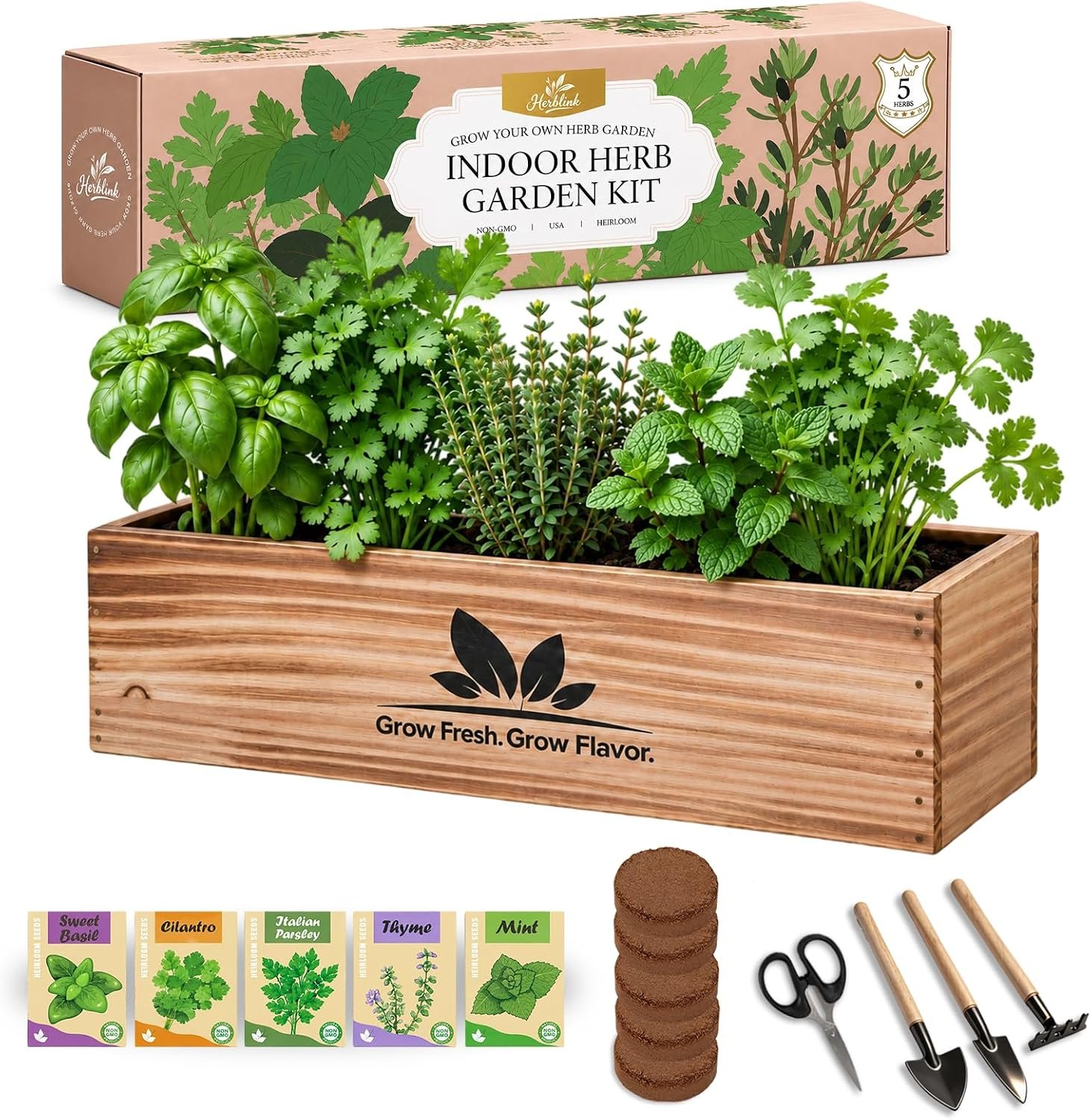 Indoor Herb Garden Starter Kit, Unique Gifts 5 Herb Garden Planter Indoor Kit with Wooden Box Including Basil, Cilantro, Thyme, Parsley, Mint, Fresh Herb Garden, Gardening Gifts for Women