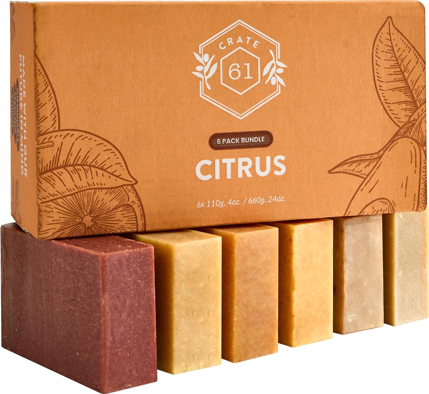 Crate 61 Organics, Handmade in Canada, Plant Based Cold Process Natural Bar Soap, With Premium Essential Oils, Dry Skin, Pack of 6 (Citrus)