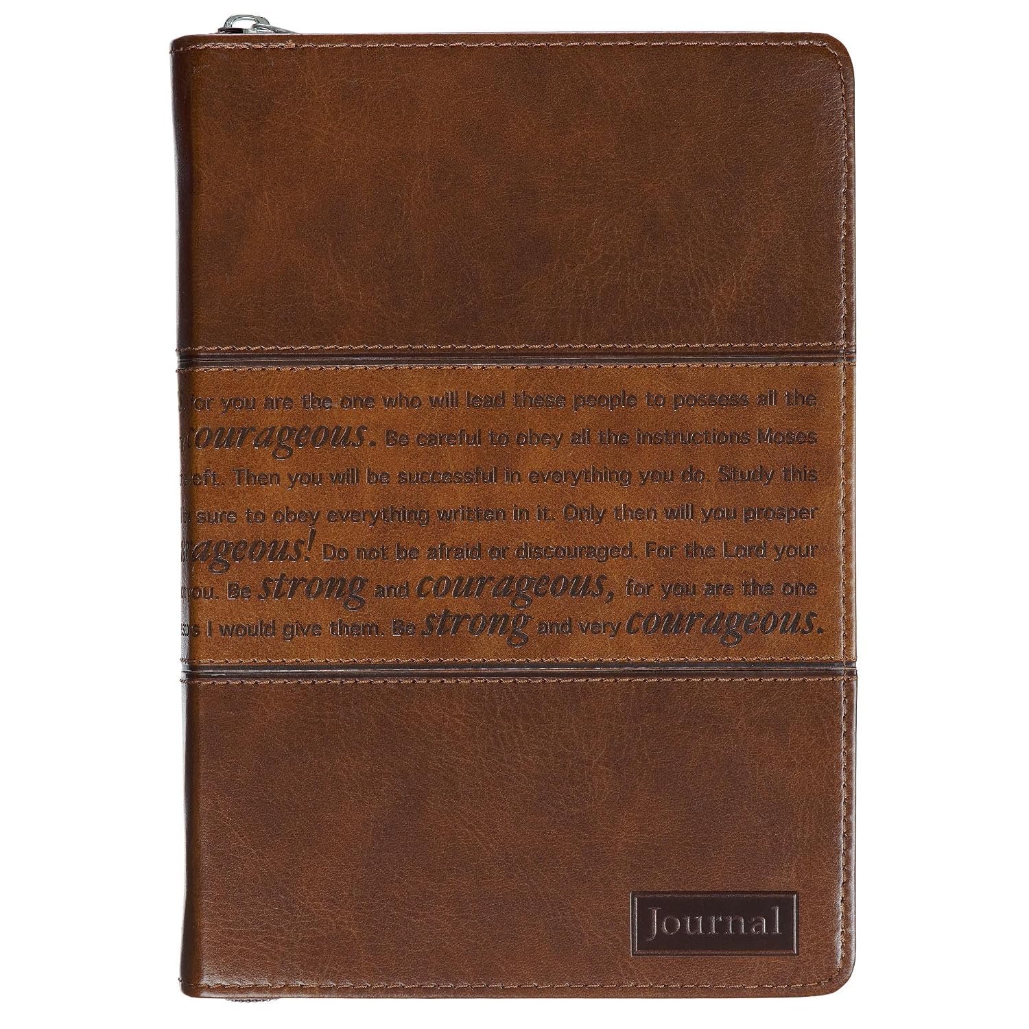 Classic Faux Leather Journal Strong and Courageous Joshua 1:57 Bible Verse, Brown Inspirational Notebook, Lined Pages w/Scripture, Ribbon Marker, Zipper Closure