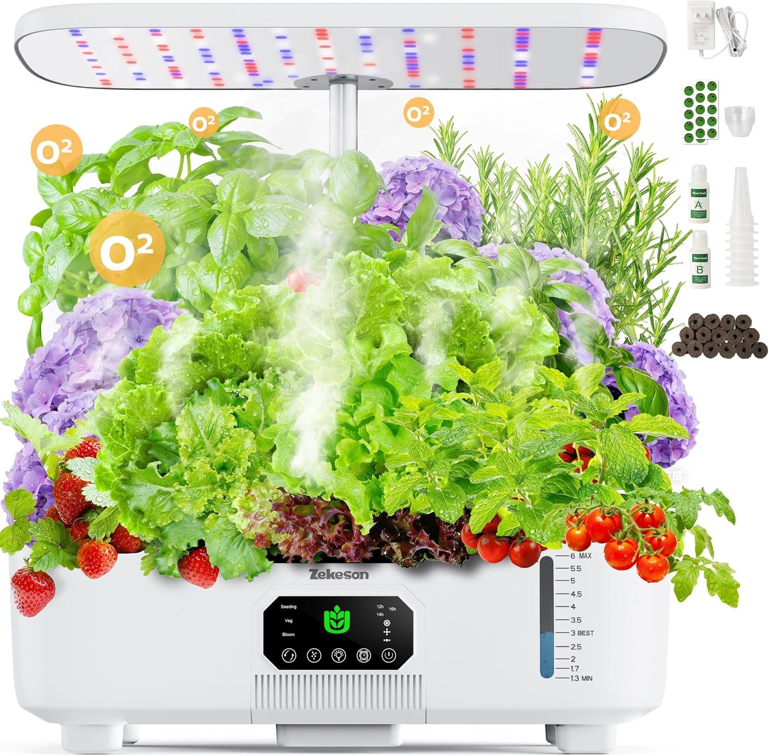 Misting Hydroponic Growing System Kit 15-Pods Indoor Smart Herb Garden Planter with LCD Touch Panel 6L Large Tank for Herb/Vegetables/Flowers/Fruits, Gardening Gifts for Women Men Beginners – White