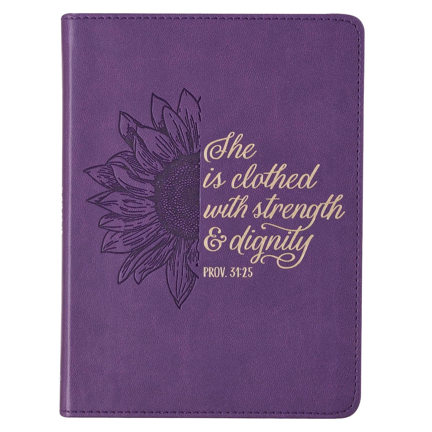 Christian Art Gifts Vegan Leather Small Journal Inspirational Scripture Women’s Sunflower Notebook Strength & Dignity Bible Verse Proverbs 31:25, 240 Ruled Pages, Lavender Purple