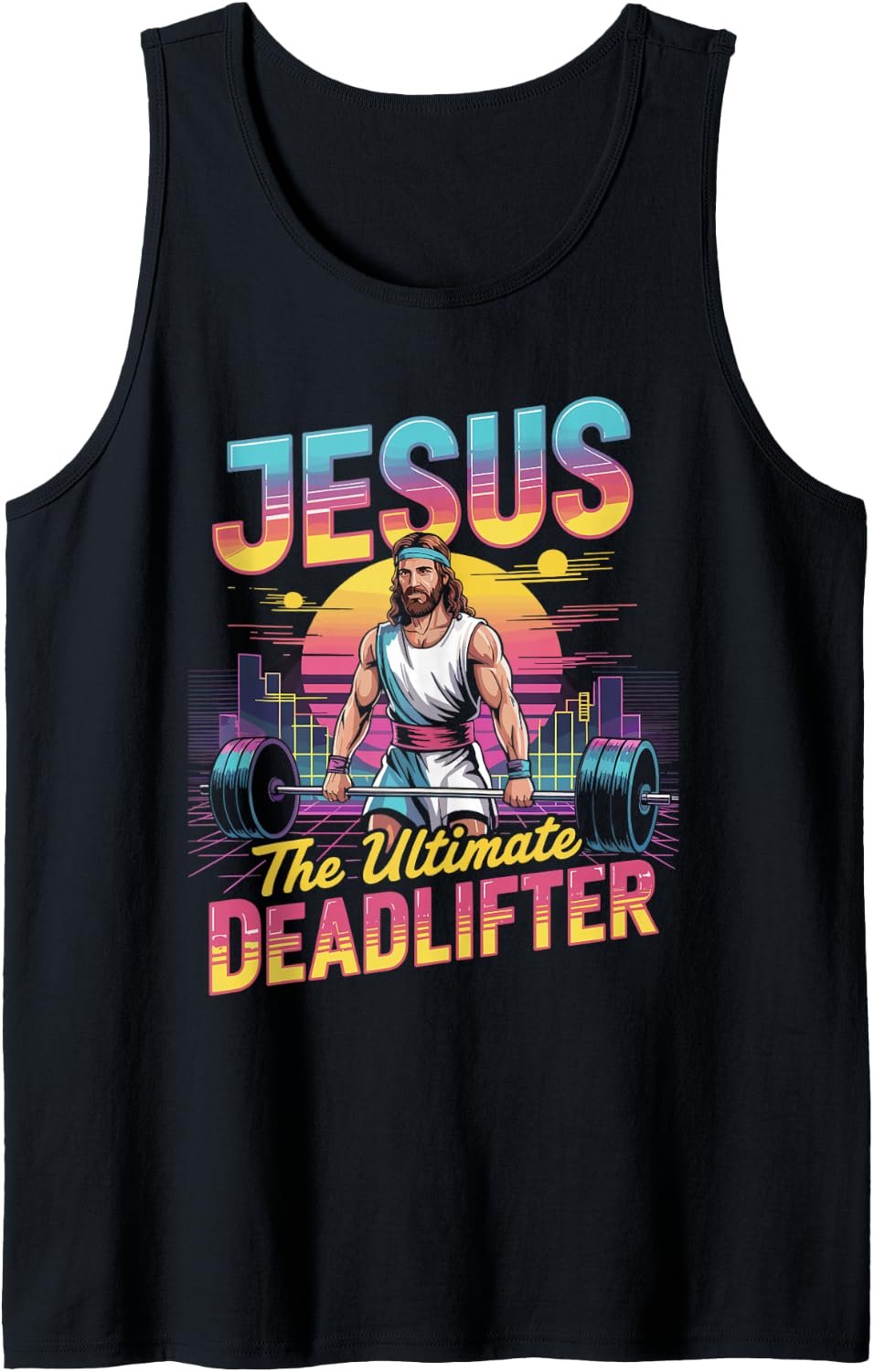 Mens Jesus Ultimate Deadlifter Retro 80s Funny Christian Gym Tank Top